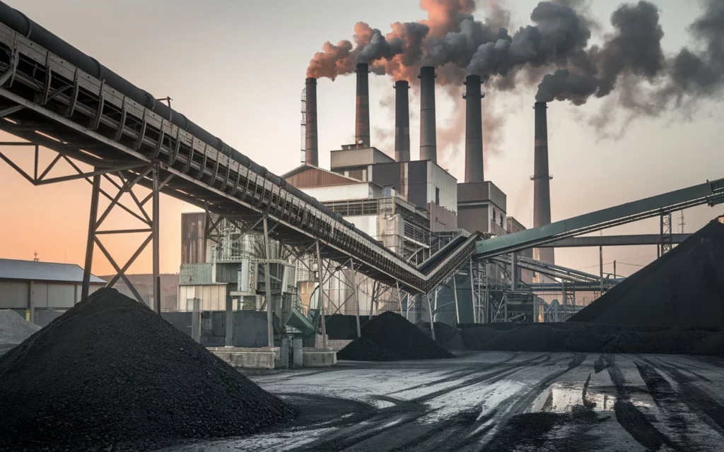 Coal-fired power plant with smoking chimneys beside a coal stockpile