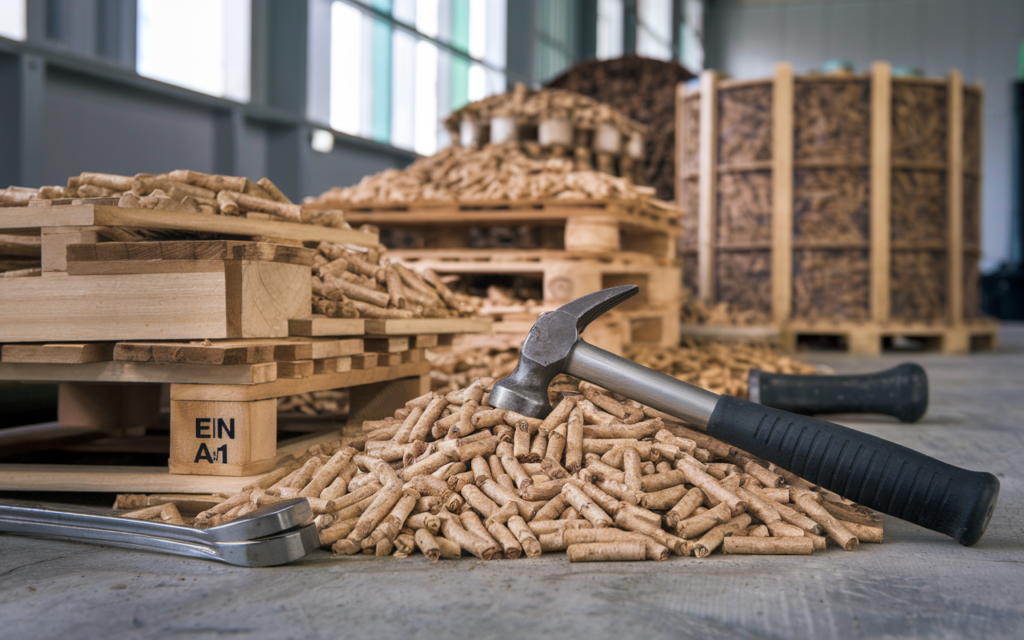 Pile of wood pellets beside stacked wooden pallets in a workshop
