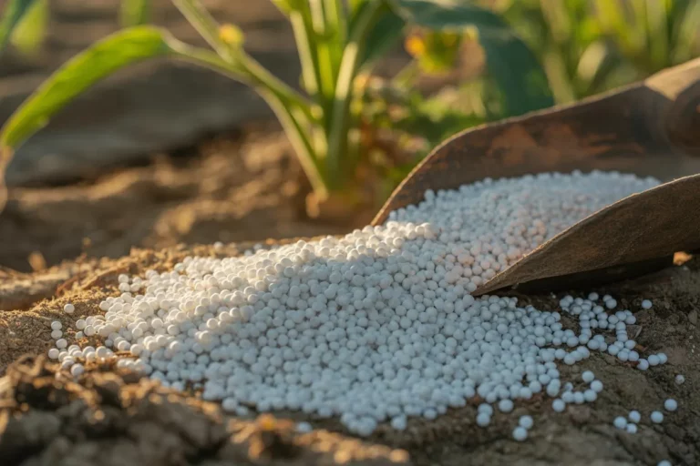 White granular urea fertilizer spilling from a scoop onto soil