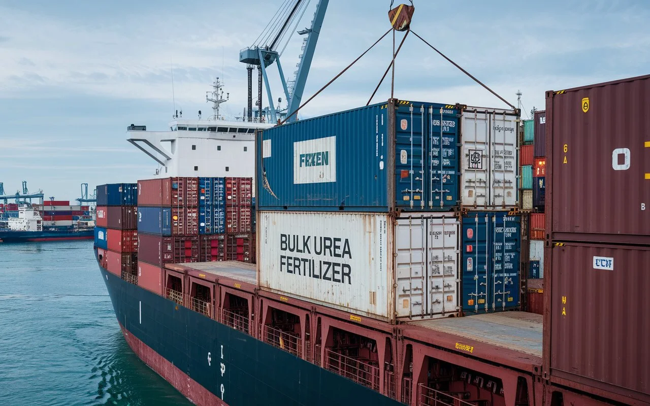 Container ship in port loaded with containers marked bulk urea fertilizer