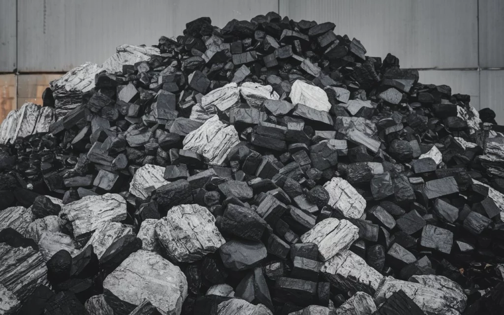 Black-and-white close-up of a heap of coal lumps