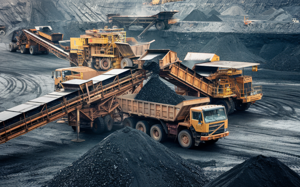 Haul trucks and loading machinery working among coal stockpiles at a mine