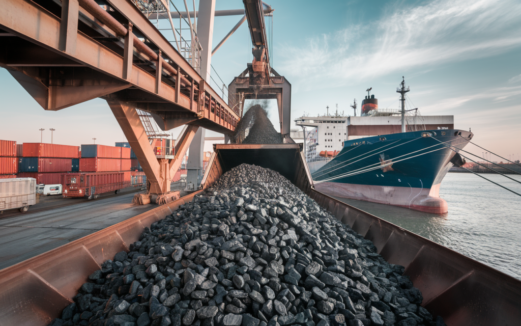 Coal pouring from a conveyor onto a stockpile at a port, with a ship behind